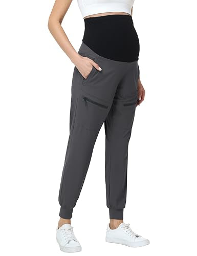 Foucome Women's Maternity Cargo Joggers with 4 Zipper Pockets - color: Grey, size: XX-Large