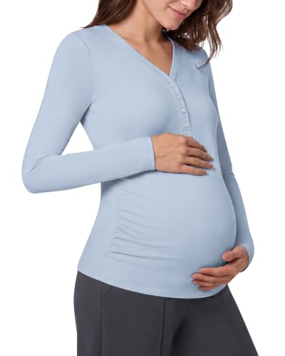 G4Free Lyocell Maternity Shirts Long Sleeve Button Front Henley Neck Ruched - color: Light Denim, size: Large