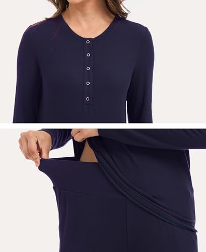 GYS Women's Bamboo Viscose Nursing Pajama Set, Wide Waist Cooling - color: Navy, size: Medium