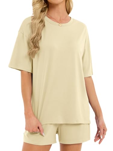 Women's 2 Piece Short Sets Loose Lounge Sets Summer Matching Sets - color: Beige, size: X-Large
