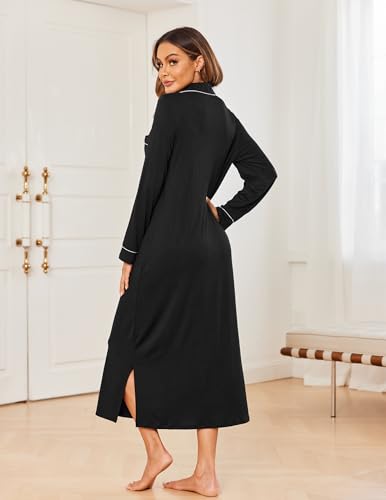 Ekouaer Long Sleeves Nightgowns for Women Button Down Night Gown - color: Black, size: Medium