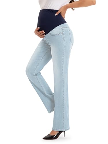 SEVEGO Women's 29"/31"/33"/35" Maternity Bootcut Jeans Over the Belly Pregnancy Flare Stretch Denim Pants Pockets Comfy - color: Light Blue, size: Medium