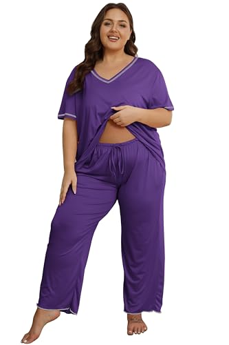 Vozanet Women's Plus Size Pajama Sets Short Sleeve Long Pants Solid Color with Piping Trim Elegant Loungewear Cozy Sleepwear - color: Bright Purple, size: 4X-Large