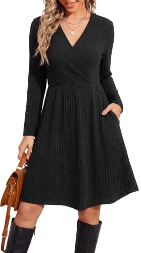 WIH0LL Womens Fall Dresses 2026 Long Sleeve Wrap Sweater Dress with Pockets - color: Black, size: Medium
