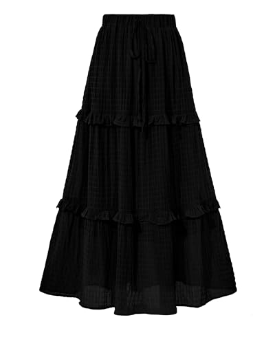 BTFBM Casual Solid Maxi Skirt Fall Clothes Flared A-Line Skirts for Women - color: Black, size: Large