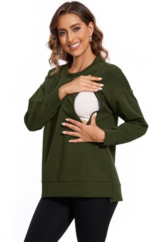 Smallshow Women's Nursing Sweatshirt Long Sleeve Breastfeeding Tops - color: Army Green, size: Large