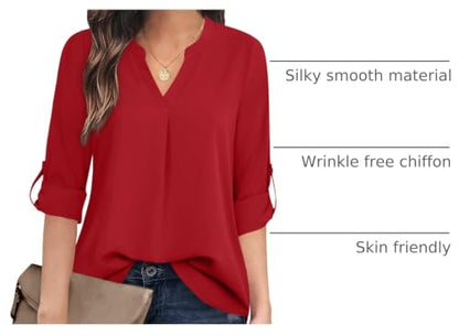 Timeson Women's Casual Chiffon V Neck 3/4 Sleeve Blouse Tops - color: Red, size: Medium