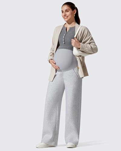 G4Free Flurrylux Fleece Lined Maternity Wide Leg Pants Pregnancy Sweatpants - color: Light Heather, size: X-Small