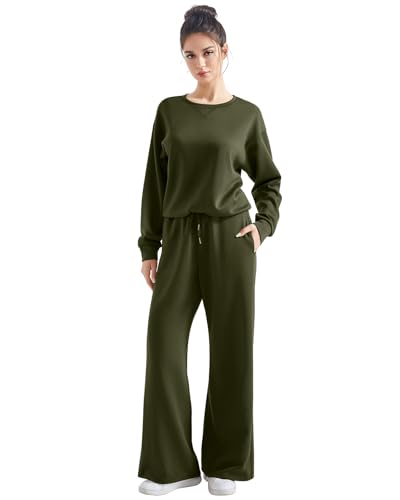 SUUKSESS Women 2 Piece Outfits Fall Oversized Sweatshirt Wide Leg Pants - color: Army Green, size: Medium