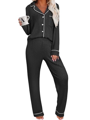ANRABESS Women 2 Piece Pajama Lounge Sets 2026 Fall Outfits - color: Black, size: Medium