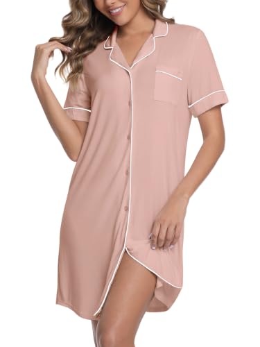 Womens Nightgown Bamboo Viscose Button Down Night Gowns - color: Dusty Rose, size: Large