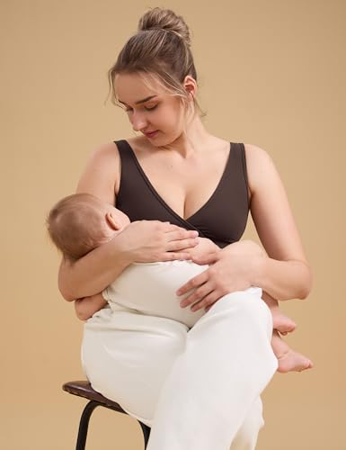 CRZ YOGA Maternity V Neck Nursing Bras - color: Hot Fudge Brown, size: Medium