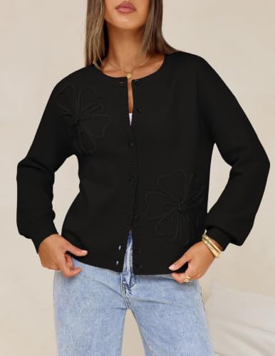MEROKEETY Women's Fall Floral Button Up Lightweight Cardigan Sweater Trendy - color: Black, size: Medium