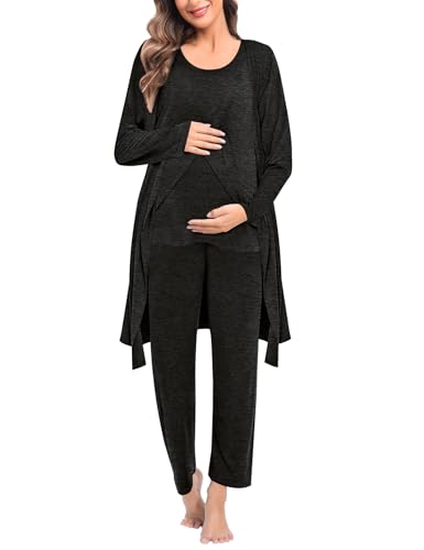 SWOMOG Maternity Nursing Robe Set 3 PCS Postpartum Breastfeeding Pajamas Hospital Pregnancy Pjs Double Layer Lounge Set - color: Black Grey, size: Small