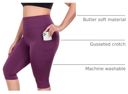 16" Womens Plus Size Capri Yoga Pants with Pockets 16" Knee Length - color: Purple, size: XX-Large Plus