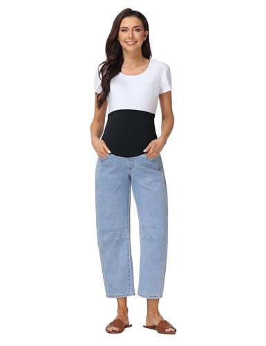 Foucome Maternity Jeans Over Belly Comfy Barrel Jeans - color: Light Blue, size: X-Large
