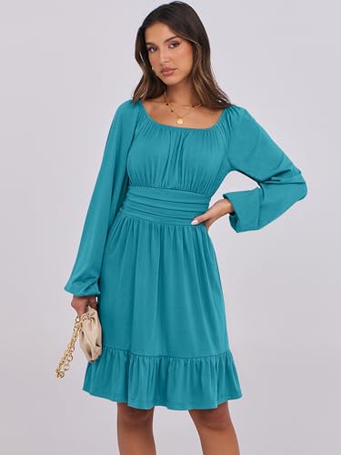 ANRABESS Women Long Lantern Sleeve Square Neck Fall Short Dress - color: Lake, size: Medium