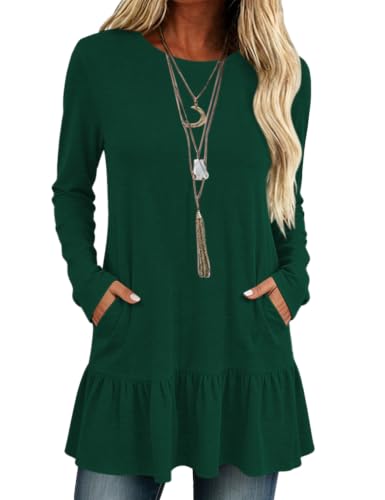 Poetsky Women Tops Long Sleeve Dressy Casual Ruffle Hem O Neck Tunics - color: Green, size: X-Large