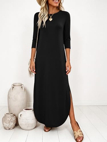 ANRABESS Women’s Air Layer 3/4 Sleeve Fall Maxi Dress & Pockets - color: Black, size: Small
