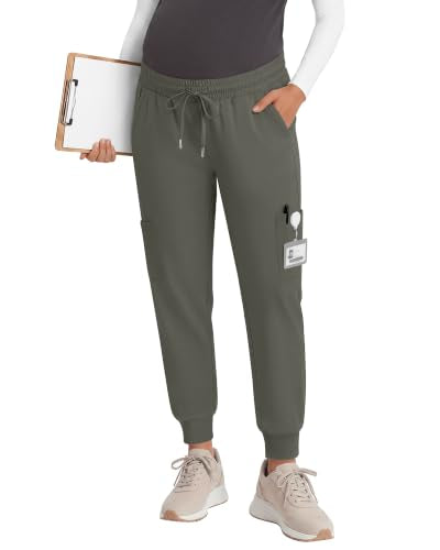 Xaatren Women's Maternity Scrub Joggers Pants with 6 Pockets - color: Army Green, size: Medium