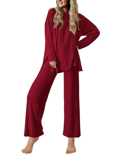 Ekouaer Lounge Sets for Women Long Sleeve Pajamas Fall Loungewear - color: Wine Red, size: Small