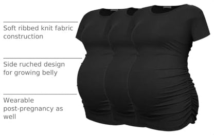 Smallshow Women's Ribbed Ruched Maternity Shirts 3 Packs - color: Black-black-black(3 Pack), size: Small