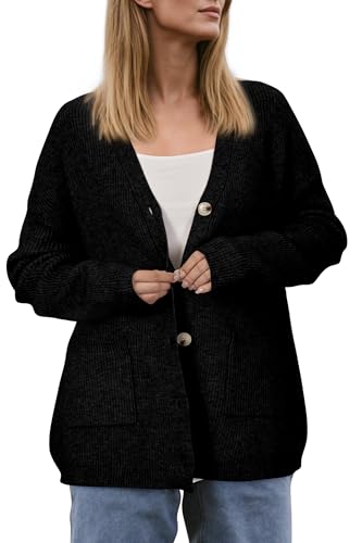 OUGES Women's Wool Blend Chunky Oversized Cardigan Soft Knit Button Down Sweater with Pockets 2026 - color: Black, size: Large