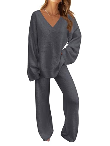 MEROKEETY Women's Fall Fleece 2 Piece Outfits Pajama Lounge Sets - color: Darkgrey, size: Medium