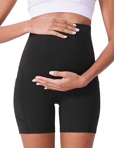 POSHDIVAH 3/4 Pack Maternity Biker Shorts Over The Belly with Pockets 5"/8" - color: Black/Grey/Wine 5", size: Small