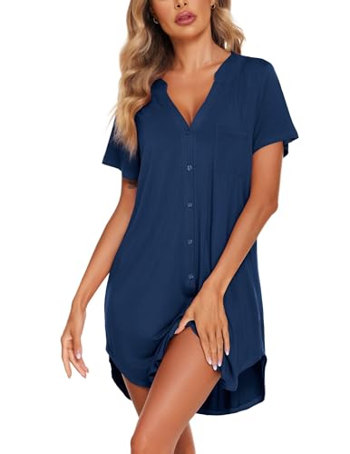 Ekouaer Womens Nightgown V Neck Button Down Sleepshirts Soft Sleepdress - color: Navy Blue, size: XX-Large