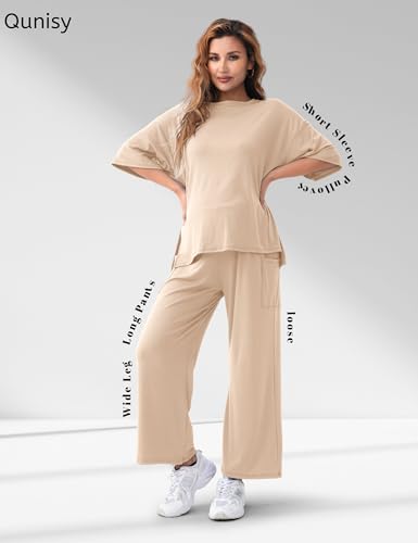 Maternity Lounge Set, 2 Piece Matching Set with Wide Leg Pants - color: Apricot, size: Small
