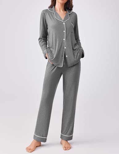 Ekouaer Womens Pajamas Set Button Down Long Sleeve Top & Pants Lounge Sets - color: Grey, size: Large