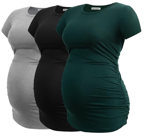 Smallshow Women's Side Ruched Tunic Maternity Shirts 3 Packs - color: Black/Light Grey/Deep Green, size: Large