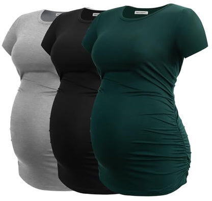 Smallshow Women's Side Ruched Tunic Maternity Shirts 3 Packs - color: Black/Light Grey/Deep Green, size: X-Large