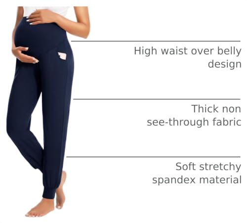 HIGHDAYS Maternity Pants with Pockets, Over Belly Thick Pregnancy Leggings - color: Navy Blue, size: X-Large