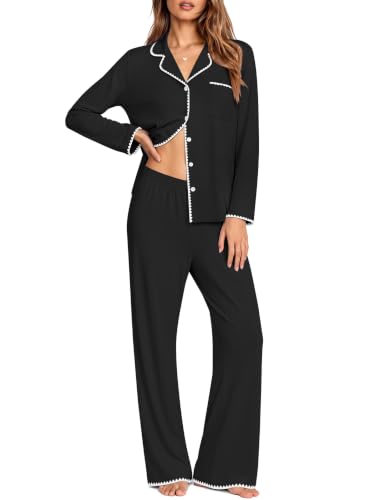 Ekouaer Pajamas for Women Set Long Sleeve Lounge Set Soft Button Down Pjs - color: Black, size: Small