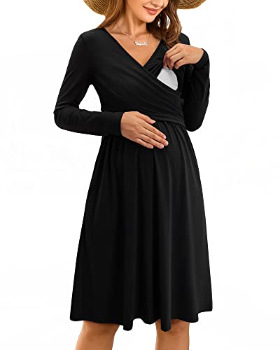 OUGES Women's Nursing Breastfeeding Pocket Fall Baby Shower Maternity Dress - color: Black, size: Large