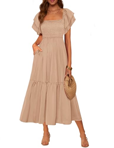 MASCOMODA Womens Summer Casual Smocked Flowy Midi Dress - color: Khaki, size: Medium