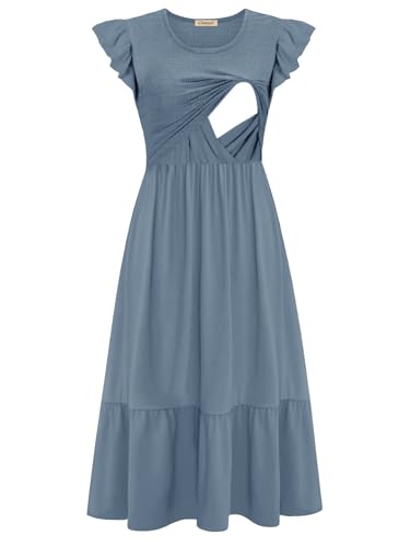 CzzzyL Women's Nursing Dress Flutter Sleeve Crew Neck Smocked Midi Pockets - color: Blue, size: Medium