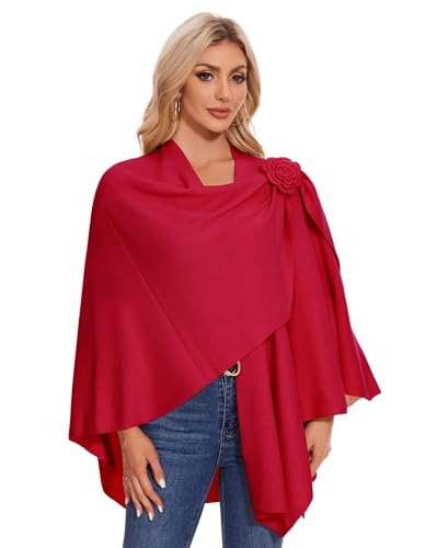 PULI Women Elegant Cross Front Floral Shawl Wraps Poncho Fall Winter - color: Red