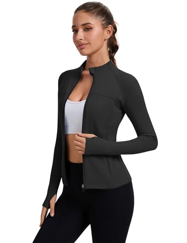 Rapbin Women's Full Zip Workout jackets Runing Slim Fit Athletic Tops With Thumb Holes - color: Black, size: X-Small