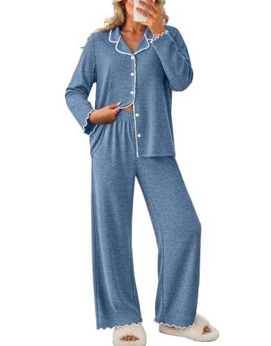 WIHOLL Women's Pajamas Sets Cute Ruffle Long Sleeve Button Up 2 Piece Pjs - color: Blue, size: Small