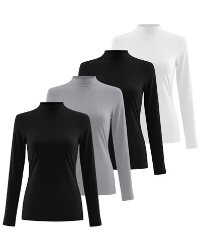 Xaatren 4 Pack Womens Long Sleeve Underscrubs Mock Neck Shirts - color: Black, White, Black, Light Heather Gray, size: X-Large
