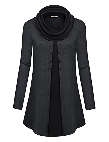 Bebonnie Womens Long Sleeve Cowl Neck Warm Splicing Tunic Tops with Buttons - color: Dark Grey, size: Medium