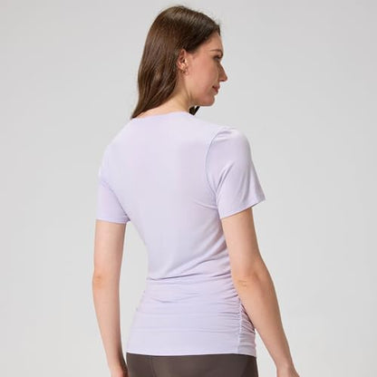 netdraw Buttery Soft Bamboo Viscose Maternity T Shirt, Pregnancy Short Sleeve Side Ruched Casual Tops - color: Iris, size: Medium