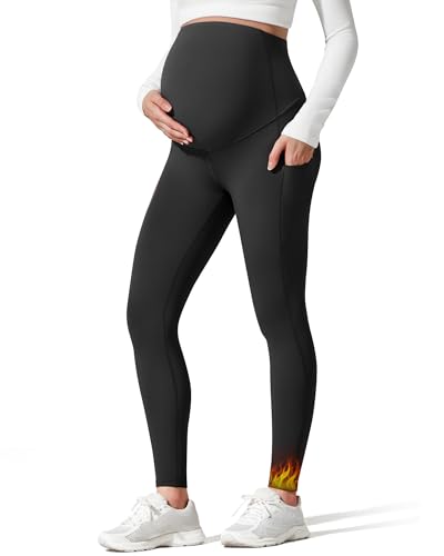 G4Free BareFeel Fleece Lined Maternity Leggings with Pockets Winter - color: Black, size: Medium