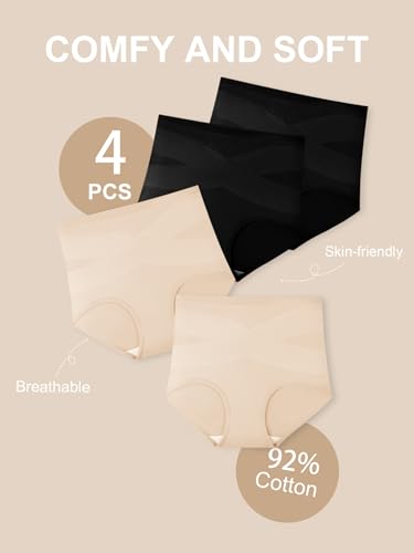 Women's High Waisted Underwear Slightly Tummy Control Cotton Panties Full Coverage Postpartum Briefs 4 Pack - color: Multicolor-black&rose Beige, size: Medium