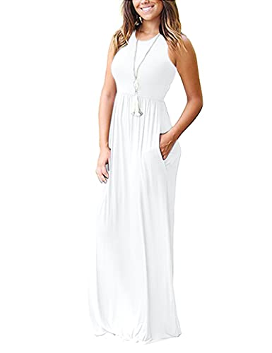 AUSELILY Women's Summer Sleeveless Loose Plain Casual Long Maxi Dresses - color: 01-white, size: Small