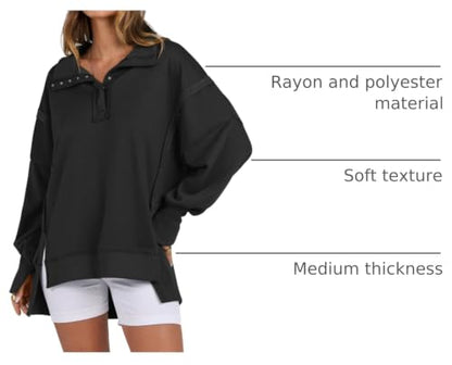 ANRABESS Sweatshirt for Women Oversized Casual Fall Henley Pullover Top - color: Black, size: Medium