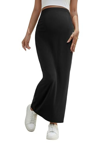 OYOANGLE Women's Maternity High Waist Adjustable Maxi Skirts - color: Black, size: XX-Large